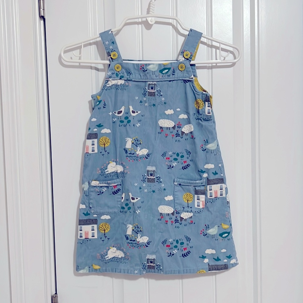mini Boden girls blue corduroy dress with cute animal prints, 3-4 years